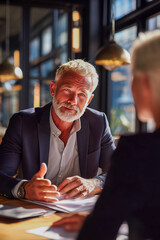 Business meeting in a modern office with two professionals discussing strategies and ideas