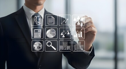 Businessman interacting with a transparent digital interface displaying various business and legal icons