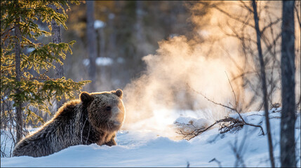 hibernation. A brown bear emerging from a snowy den, its breath visible in the cold air. wildlife magazines, conservation campaigns, designed for eco-tourism storytelling, used by ngo communicators.
