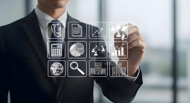 Businessman interacting with a transparent digital interface displaying various business and legal icons