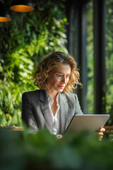 Business professional engaged with tablet in a lush, green interior space during the morning hours