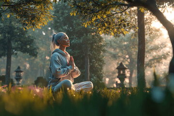 Meditation in a serene garden during early morning light