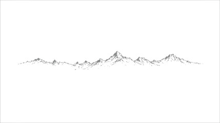 Fototapeta premium Minimalist hand-drawn mountain range line art illustration on white background, scenic natural landscape peaks silhouette sketch.