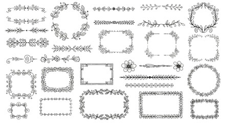 A collection of hand-drawn floral and leafy doodle borders, frames, and dividers in black outline on a white background, featuring various decorative organic elements. © Muflif