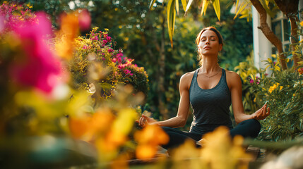 Woman practicing meditation in a vibrant garden surrounded by colorful flowers during golden hour