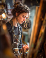 Young artist focused on creating a painting in a cozy studio during the afternoon