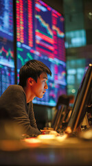 Young man focuses intently on stock market data displayed on screens in a busy trading room during business hours