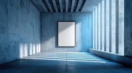 Minimalist Gallery Space Featuring Blank Frame Surrounded by Concrete Walls and Natural Light from Vertical Windows and Stylish Shadows