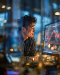 Young man monitors stock market trends in a modern office during evening hours with city lights in the background