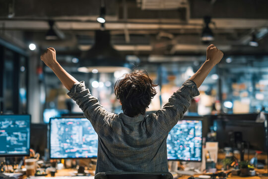 Young person celebrates success at a tech office in the evening with multiple monitors displaying data