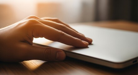 A close-up of a hand quickly closing a laptop lid, signaling the end of the workday, soft evening light