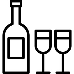 Simple Black Line Icon Of A Wine Bottle And Two Empty Wine Glasses On A Transparent Background For Alcoholic Beverages And Celebration