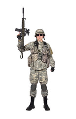 Male soldier in full tactical camouflage uniform and gear holding a rifle