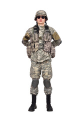 An American soldier stands in camouflage uniform