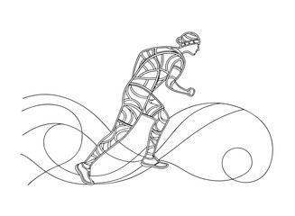 Stylized runner illustration in dynamic pose, featuring intricate geometric patterns and flowing lines, black and white vector art