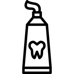 Simple Black Outline Icon of a Toothpaste Tube with a Tooth Symbol in the Center and a Curving Top on a Transparent Background