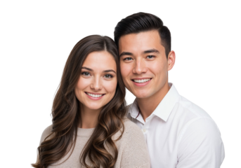 Smiling couple posing together on white background