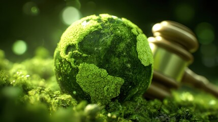 Eco Friendly Globe Covered in Green Moss with Justice Gavel Symbolizing Environmental Law and Sustainability Concepts