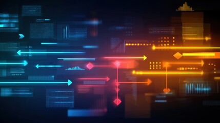 Abstract Digital Background with Dynamic Arrows and Flowing Data Elements in Blue, Orange, and Red Hues for Technology and Innovation Themes