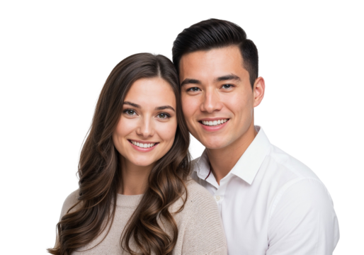 Smiling couple posing together on white background - Powered by Adobe
