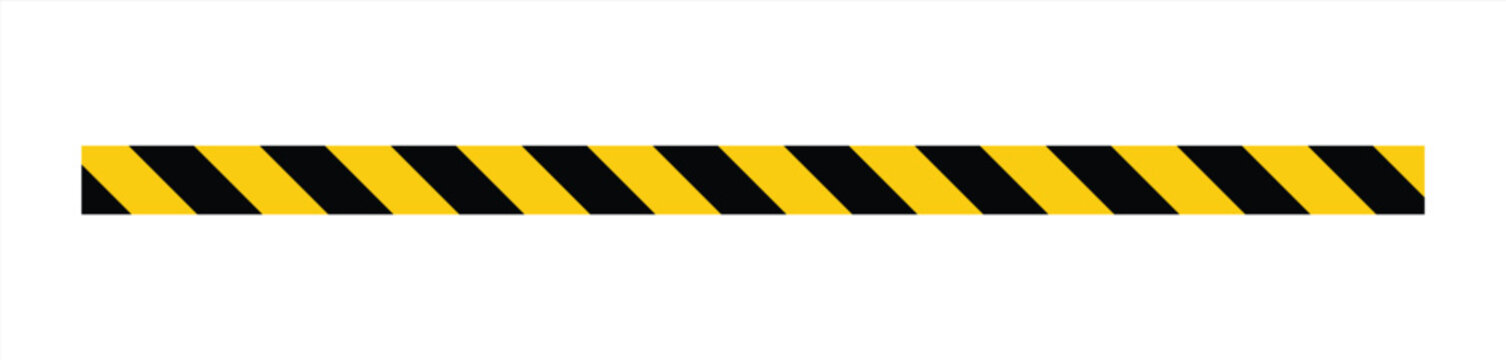 Warning tape with yellow and black diagonal stripes. Warn stop seamless line. Yellow and black caution tape border. Long danger ribbon Vector illustration on white background