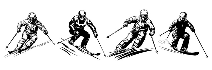 Downhill Skier Action Vector Illustrations