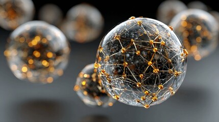 Abstract glowing golden meshes intersecting within transparent spheres symbolize interconnected business networks designed for collaborative innovation, responsible growth, and enduring profitability.
