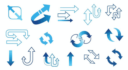 A collection of blue arrow icons illustrating various directions, movements, and concepts like refresh, loop, and exchange.
