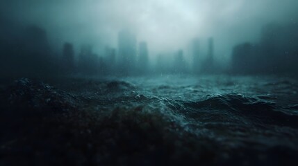 A submerged city skyline emerges from dark turbulent ocean waters under a foggy sky evoking a sense of environmental crisis