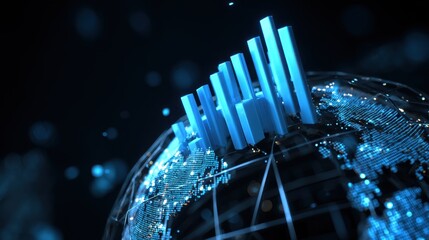Digital Globe with 3D Bar Graphs Representing Data Growth and Global Connectivity in a Modern Business Environment