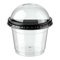 Clear plastic cup with black lid and domed cover, isolated on a transparent background