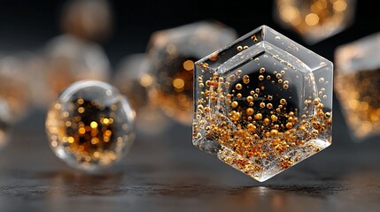 Abstract glowing golden spheres suspended within transparent polyhedrons illustrating diverse and scalable business units with sustainable growth.