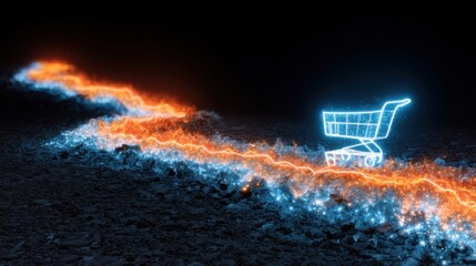 Futuristic Neon Shopping Cart Glowing on Eerie Dark Background with Electric Trails of Blue and Orange Light Representing Online Shopping Concept