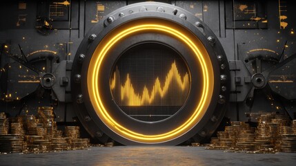 Futuristic bank vault with glowing circular door and rising financial graph on digital screen surrounded by stacks of shiny gold coins