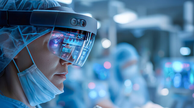 Medical professional uses augmented reality headset during surgery for enhanced visualization and patient care in a modern operating room