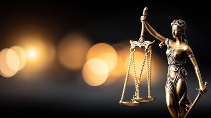 Detailed image of the classic Lady Justice statue holding scales and sword representing law fairness and justice symbolization