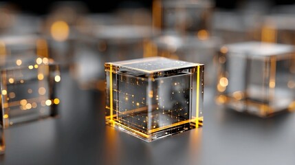 Abstract glowing lattice structure formed by interconnected golden beams inside a transparent matrix symbolizing cohesive business growth and sustainability.