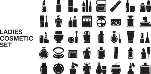 ladies cosmetic items icon bundle set black silhouette art clean background beauty products