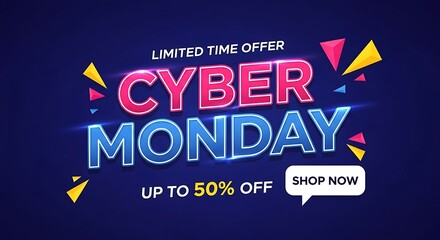 Cyber monday limited time offer with up to 50 off sale, shop now banner