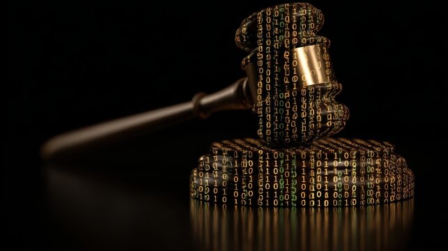 Digital binary code themed judge gavel representing cyber law and legal technology over black background
