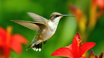 Obraz premium hummingbird. A hummingbird hovers near a red flower, its wings moving fast against a green background. wildlife magazines, conservation campaigns, designed for nature documentaries and education. 