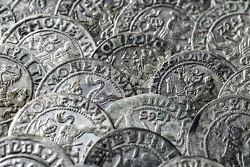 Ancient coins of the Polish King Sigismund III Vasa.A hoard of medieval European gold and silver coins.Numismatics.Collection of old coins.Antikvariat.