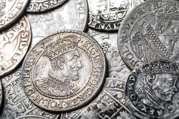 Ancient coins of the Polish King Sigismund III Vasa.A hoard of medieval European gold and silver coins.Numismatics.Collection of old coins.Antikvariat. © bukhta79