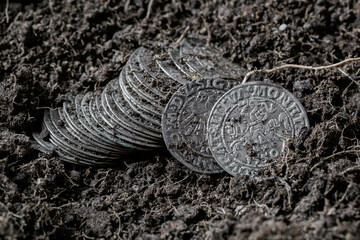 Ancient coins of the Polish King Sigismund III Vasa.A hoard of medieval European gold and silver coins.Numismatics.Collection of old coins.Antikvariat. © bukhta79