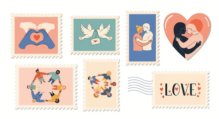 Collection of postage stamps featuring illustrations of love, unity, and diverse relationships.