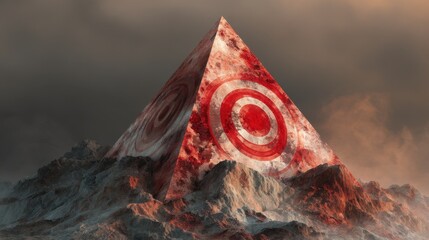 Abstract pyramid with red patterns on rocky terrain under dark and moody sky, showcasing a surreal blend of nature and geometry in a mystical setting