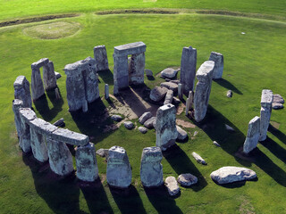 Drone view of Stonehenge and Wiltshire Countryside in England, UK. The stone circle dates to 3000 BC and is one of the best known ancient wonders of the world and UNESCO World Heritage Site.