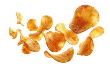 Close-up image of golden, crispy, potato chips scattered on a pure black backdrop