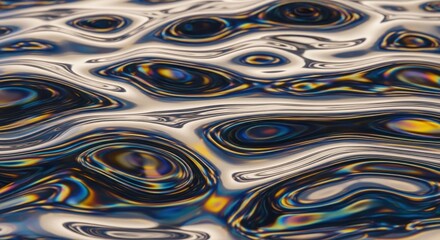 Fototapeta premium Abstract fluid background of a metallic liquid surface with iridescent ripples and colorful reflections.