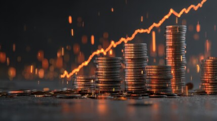 Stacks of Coins on a Dark Surface with a Rising Line Graph Symbolizing Financial Growth and Investment Success in Modern Economy